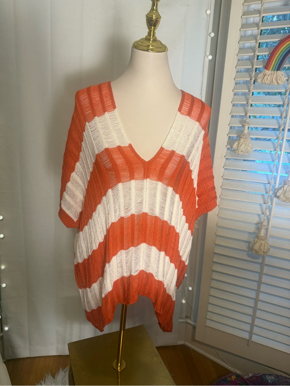 Miracle City Orange White Striped Open Knit Tunic Sweater Top M/L Boho Beach